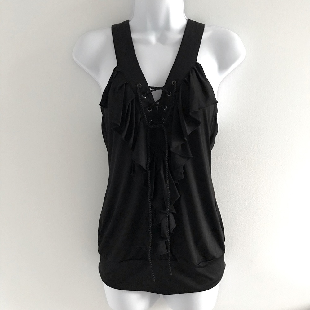 NWOT XOXO Black Roped Criss Cross Ruffled Women’s Tank Top